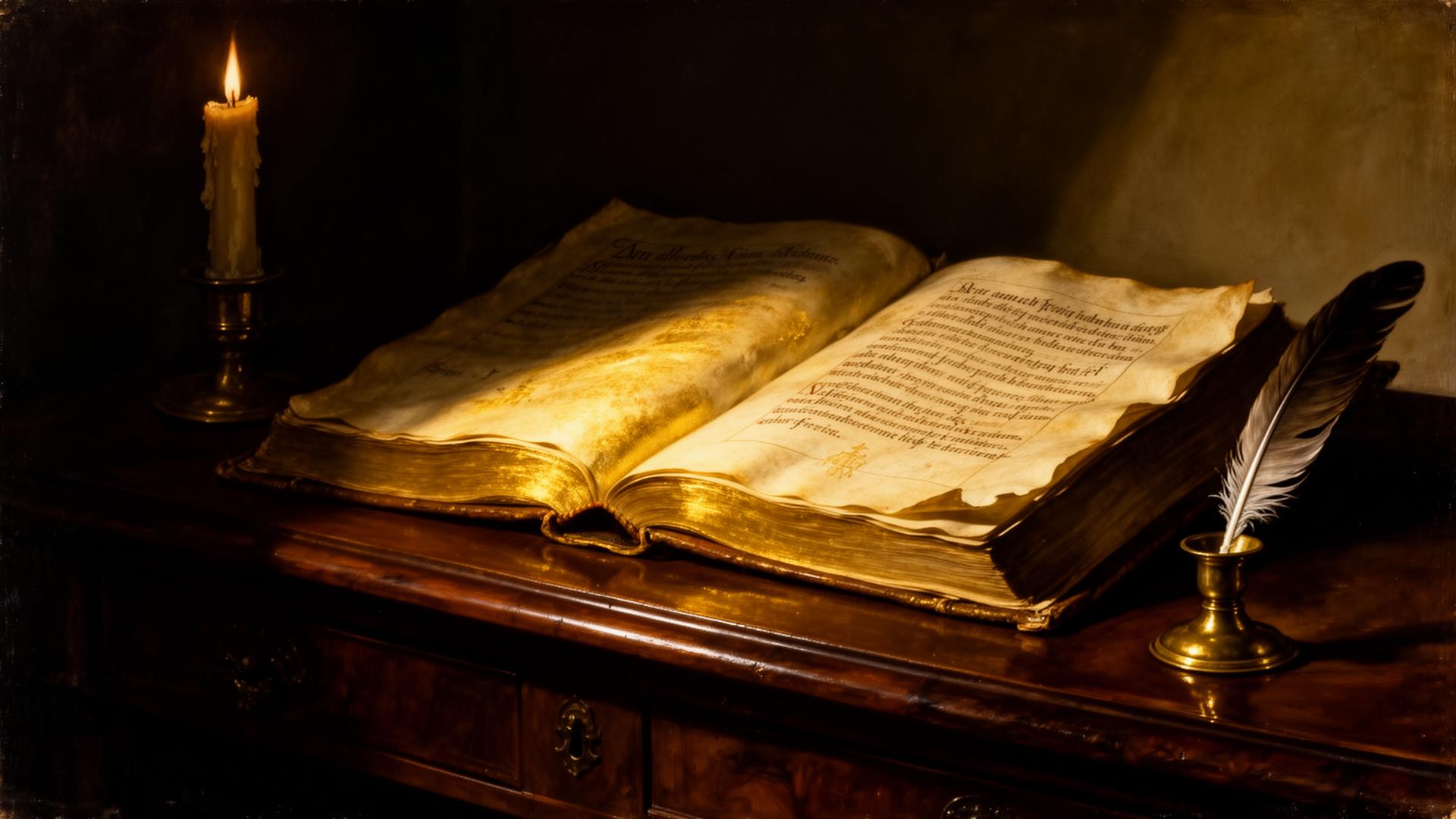 An open illuminated manuscript on an oak desk, lit by candlelight.